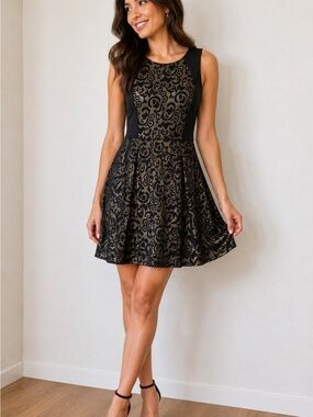 Must Have Black Gold Floral Mini Fit & Flare Jacquard Skater Style Dress LBD
